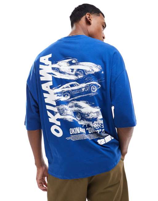 ASOS DESIGN - T-shirt super oversize blu con stampa stile racing sul petto e sul retro