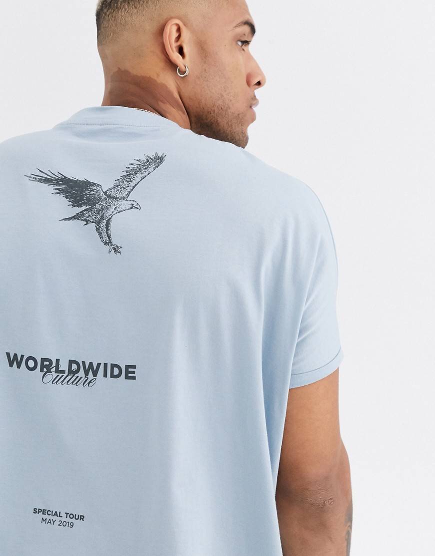 ASOS DESIGN - T-shirt super oversize con maniche con risvolto in cotone organico con stampa fronte e retro-Blu