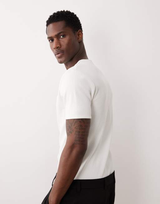 ASOS DESIGN - T-shirt super pesante attillata a coste bianca testurizzata con testo ricamato, 4 di 5