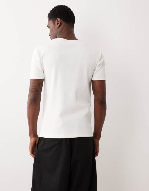 ASOS DESIGN - T-shirt super pesante attillata a coste bianca testurizzata con testo ricamato, 5 di 5