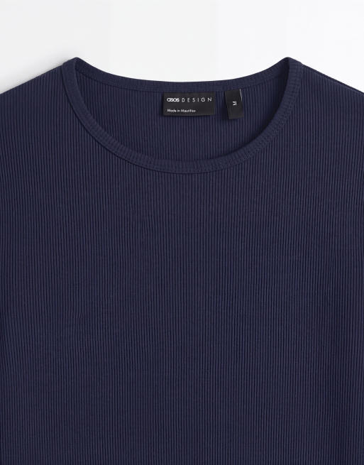 ASOS DESIGN - T-shirt super pesante slim a maniche lunghe blu navy a coste, 7 di 9