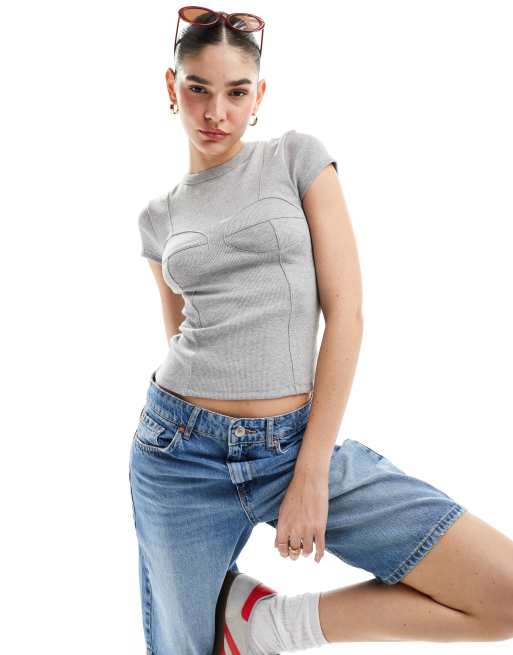 ASOS DESIGN - T-shirt surpiqué effet soutien-gorge - Gris chiné