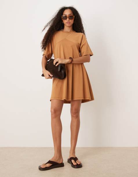 ASOS DESIGN t shirt swing mini dress with fringe back detail in rust - view 1