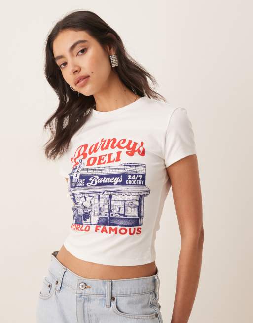 ASOS DESIGN - T-shirt taglio corto bianca con grafica di negozio di alimentari newyorchese