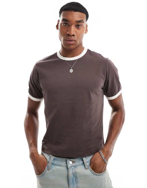 ASOS DESIGN T shirt taglio corto marrone con bordi a contrasto ASOS