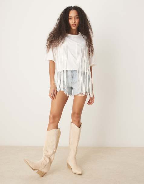 ASOS DESIGN - T-shirt taglio corto squadrata color crema con frange - view 1