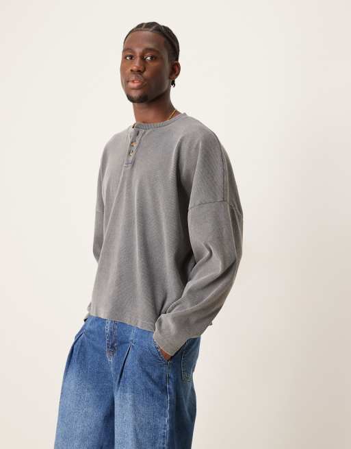 ASOS DESIGN - T-shirt taglio corto super oversize nero slavato a coste con scollo serafino