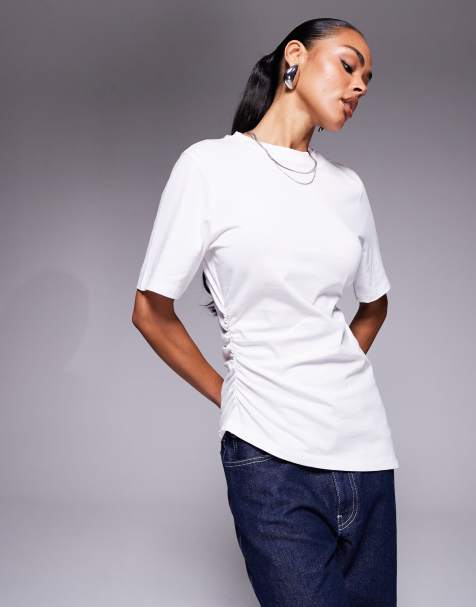 ASOS DESIGN - T-shirt taglio lungo bianca asimmetrica raccolta - view 1