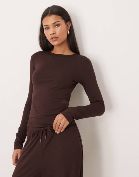 ASOS DESIGN - T-shirt taglio lungo in interlock marrone in coordinato - view 1