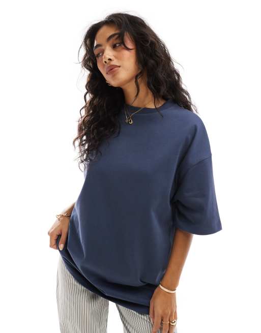 ASOS DESIGN - T-shirt taglio lungo oversize blu navy in tessuto pesante