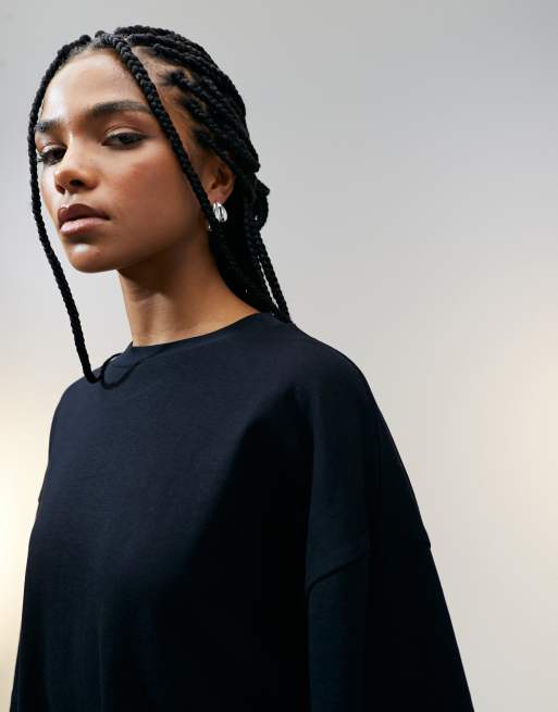 ASOS DESIGN - T-shirt taglio lungo oversize nera in tessuto pesante, 3 di 4