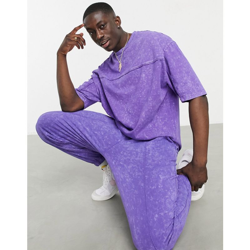 tUyoN Coordinati DESIGN - T-shirt taglio lungo oversize viola lavaggio acido in coordinato