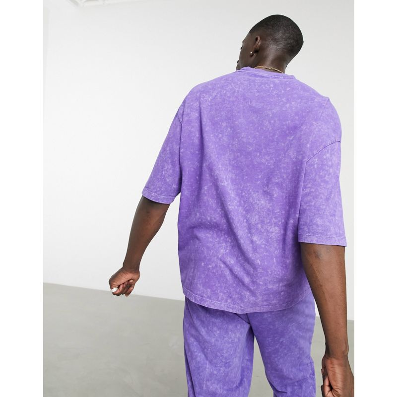 tUyoN Coordinati DESIGN - T-shirt taglio lungo oversize viola lavaggio acido in coordinato