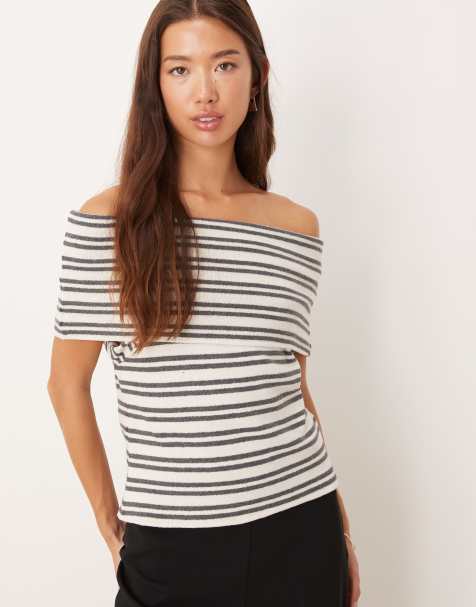 ASOS DESIGN - T-shirt texturé à épaules dénudées - Marine rayé - view 1