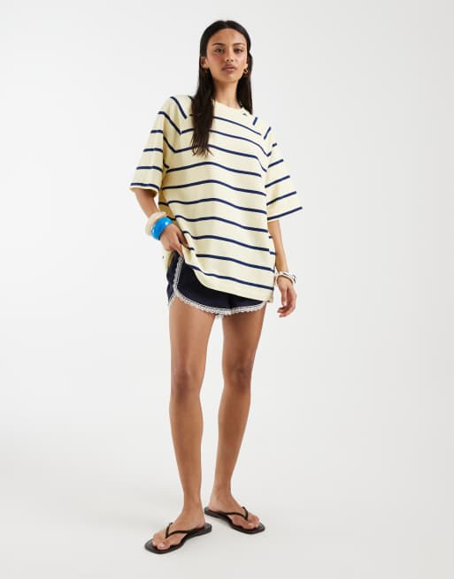 ASOS DESIGN - T-shirt texturé à manches raglan courtes - Babeurre et bleu marine, 3 de 4