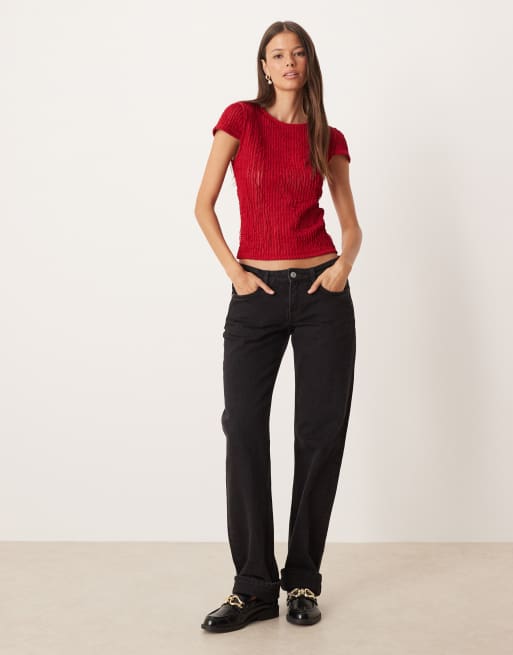 ASOS DESIGN - T-shirt texturé effet rétréci à volants - Rouge foncé, 3 de 4