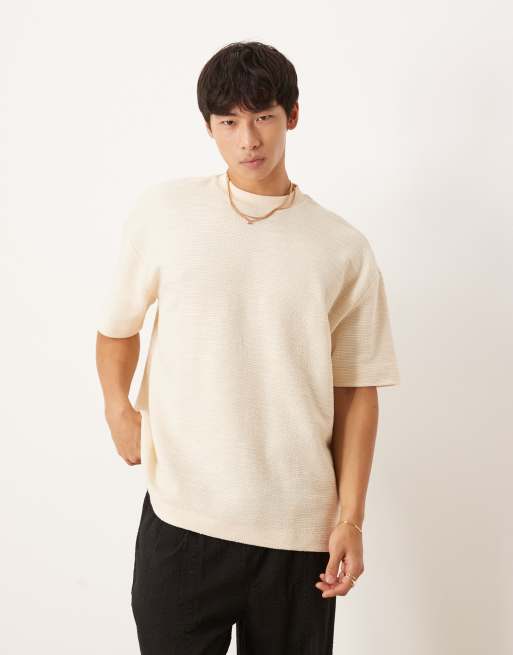 ASOS DESIGN - T-shirt texturé oversize à col boutonné - Crème