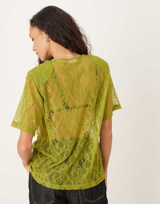 ASOS DESIGN - T-shirt trasparente squadrata in pizzo verde oliva con spalline imbottite, 3 di 4