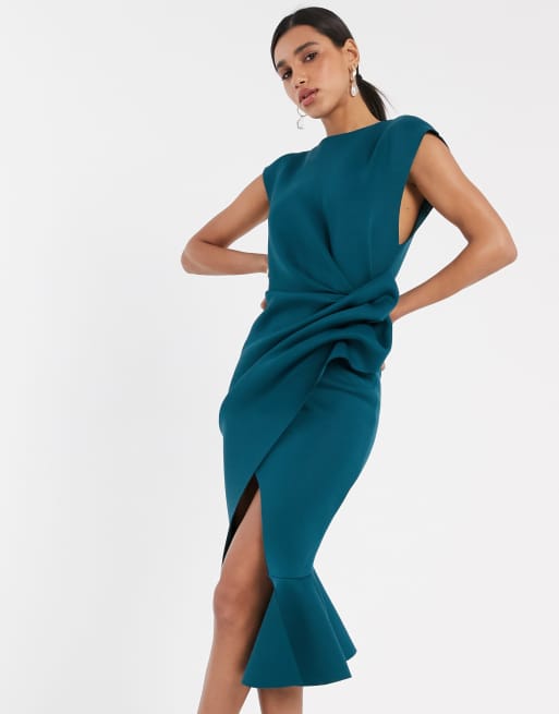 Asos design deep v clearance pep hem midi dress