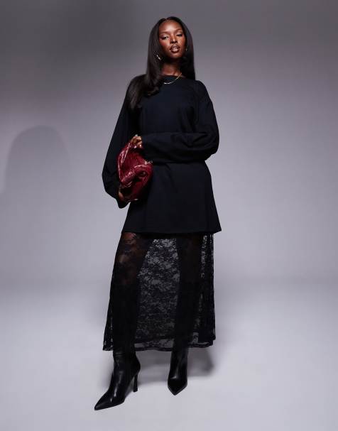 ASOS DESIGN – T-Shirt und Midirock aus Spitze in Schwarz im 2-in-1-Design - view 1