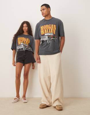 ASOS DESIGN – T-shirt unisex o fasonie oversize w spranym czarnym kolorze z nadrukiem „Morgan Wallen”