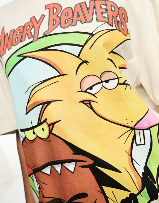 ASOS DESIGN - T-shirt unisex oversize beige con grafica "Angry Beavers" su licenza, 3 di 4