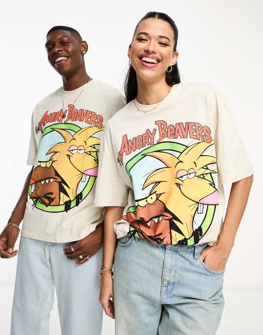 ASOS DESIGN - T-shirt unisex oversize beige con grafica "Angry Beavers" su licenza, 4 di 4