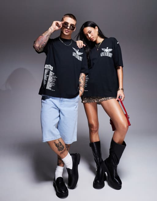 ASOS DESIGN - T-shirt unisex oversize nera con dettaglio bucherellato e stampe del tour dei Nirvana su licenza, 2 di 4
