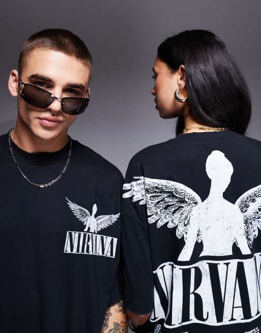 ASOS DESIGN - T-shirt unisex oversize nera con dettaglio bucherellato e stampe del tour dei Nirvana su licenza, 3 di 4