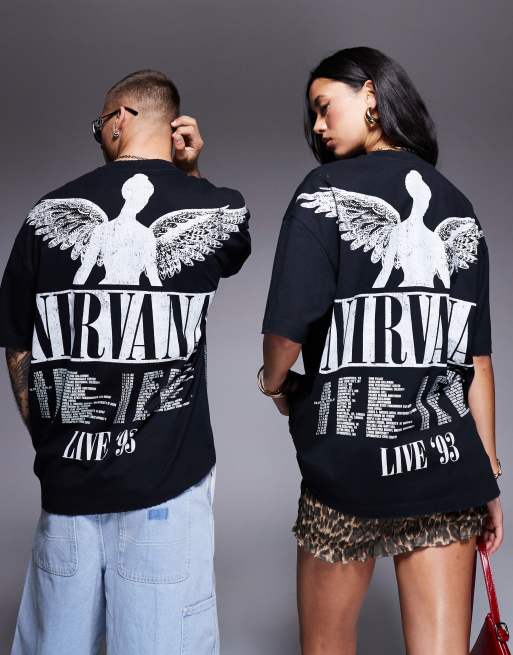 ASOS DESIGN - T-shirt unisex oversize nera con dettaglio bucherellato e stampe del tour dei Nirvana su licenza, 4 di 4