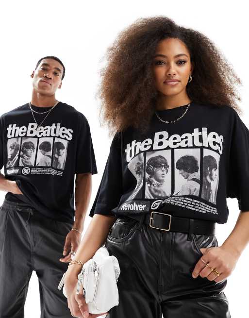 ASOS DESIGN T shirt unisex oversize nera con stampa della band The Beatles su licenza