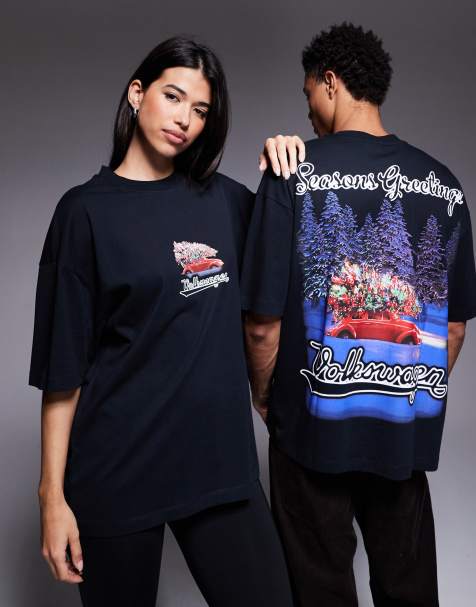 ASOS DESIGN - T-shirt unisex oversize nera con stampa natalizia Volkswagen - view 1