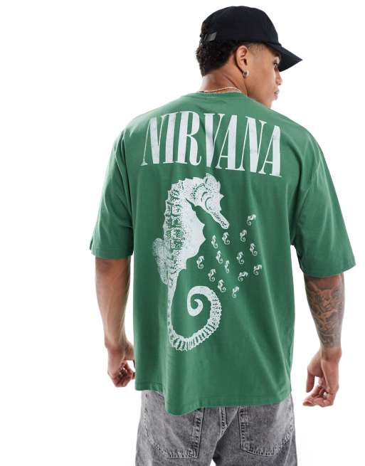 ASOS DESIGN - T-shirt unisex oversize verde con grafiche della band "Nirvana" con cavalluccio marino su licenza, 2 di 4