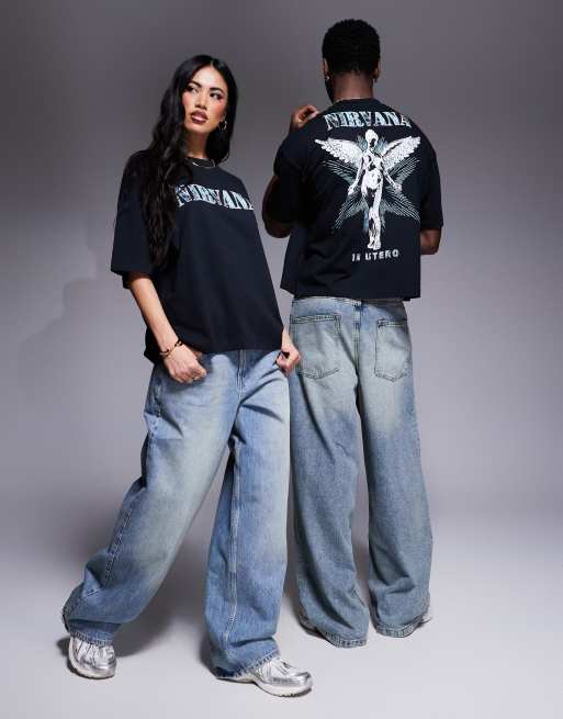 ASOS DESIGN - T-shirt unisex squadrata oversize nera con stampe dei Nirvana su licenza