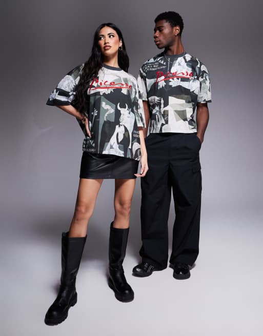 ASOS DESIGN - T-shirt unisex squadrata oversize nera con stampe di Picasso su licenza, 2 di 4