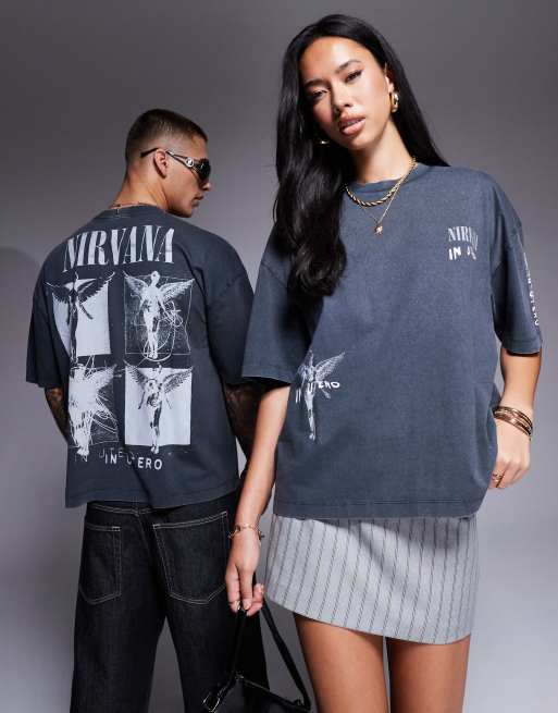 ASOS DESIGN – T-shirt unisex w spranym czarnym kolorze o pudełkowym kroju z nadrukiem z motywem zespołu Nirvana