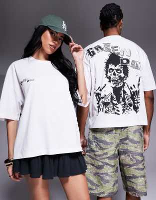 ASOS DESIGN - T-shirt unisexe coupe carrée oversize avec imprimés Green Day - Blanc