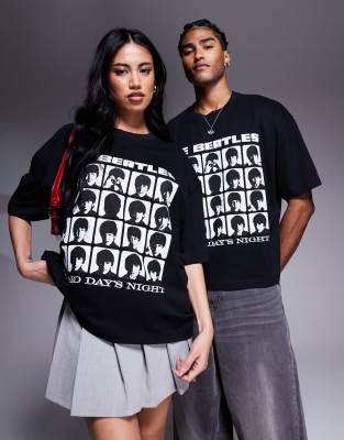 ASOS DESIGN - T-shirt unisexe coupe carrée oversize avec imprimés The Beatles sous licence - Noir - view 1