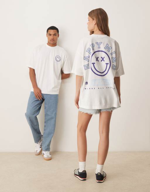 ASOS DESIGN - T-shirt unisexe oversize à imprimé Smiley bleu - Blanc, 3 de 4