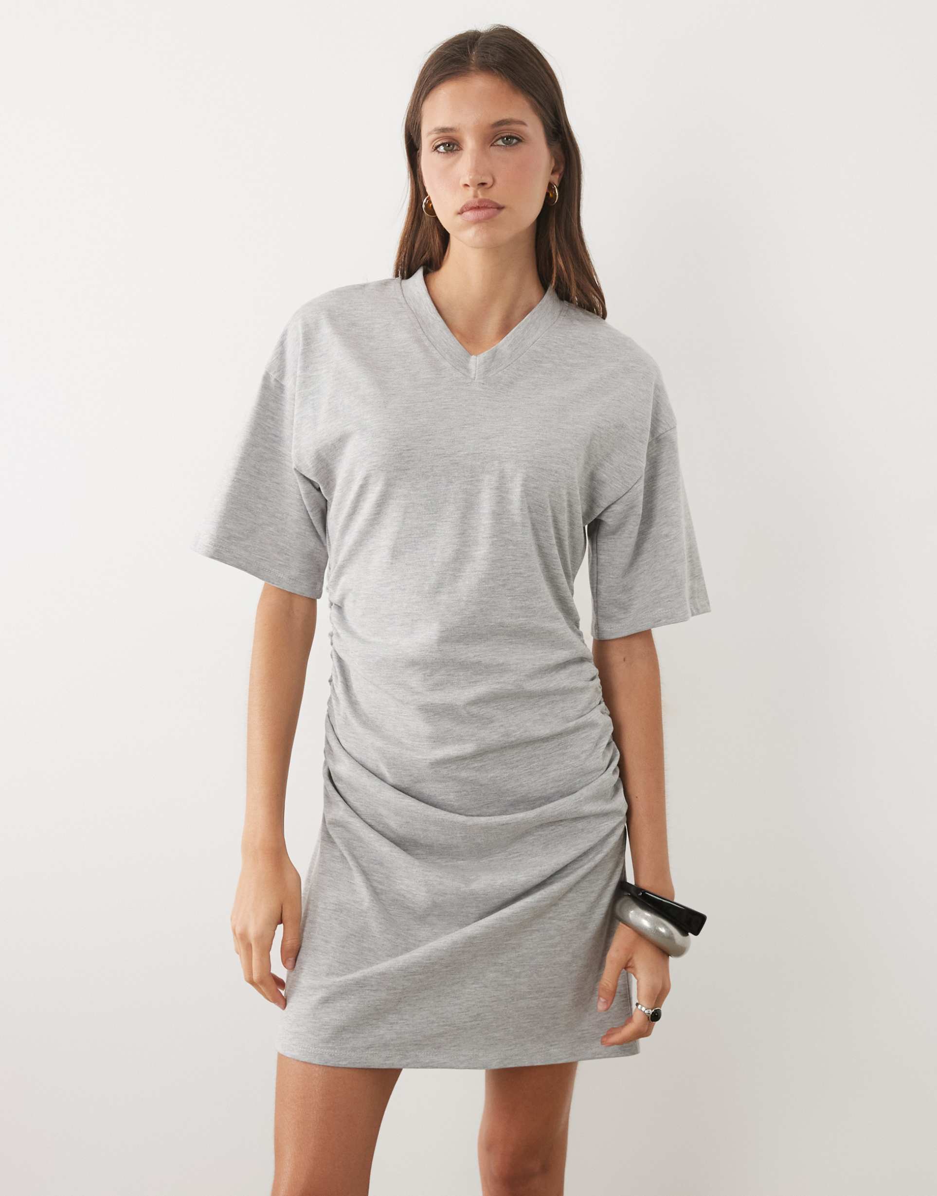 asos design t-shirt v neck dress with cinched waist in gray heather