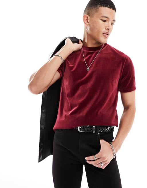 ASOS DESIGN - T-shirt van bordeauxrood velours