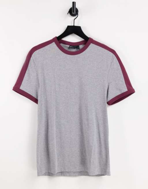 ASOS DESIGN - T-shirt van katoen in gemêleerd grijs met contrasterende schouderpas in bordeauxrood - GREY
