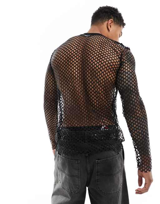 ASOS DESIGN - T-shirt van open mesh met lange mouwen in zwart, 2 van 4