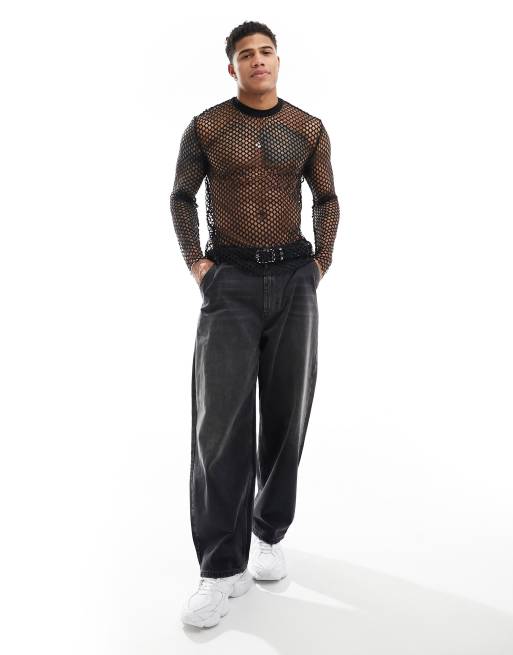 ASOS DESIGN - T-shirt van open mesh met lange mouwen in zwart, 3 van 4