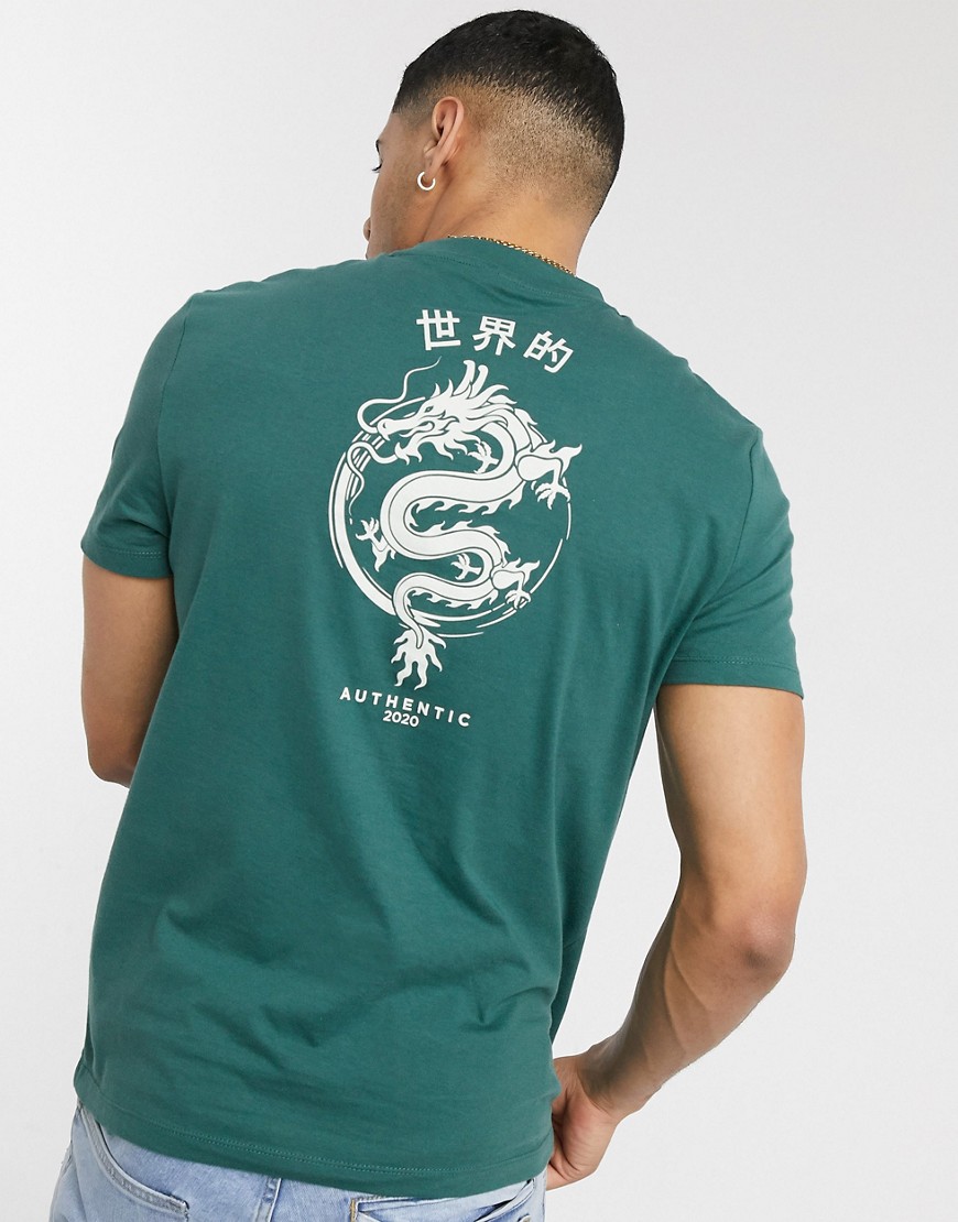ASOS DESIGN - T-shirt van organisch katoen met drakenprint op de achterkant in groen