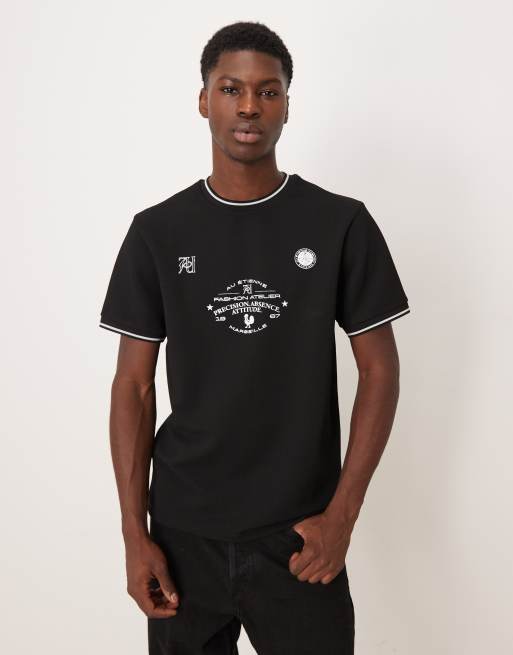 ASOS DESIGN - T-shirt van superzware stof met contrasterende randen en sportieve print in zwart
