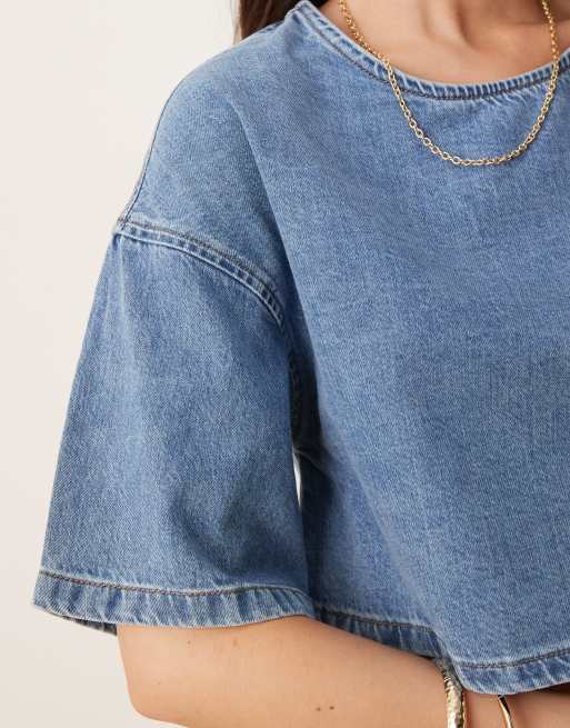 ASOS DESIGN - T-shirt van zachte denim in mid-wash blauw, 4 van 4