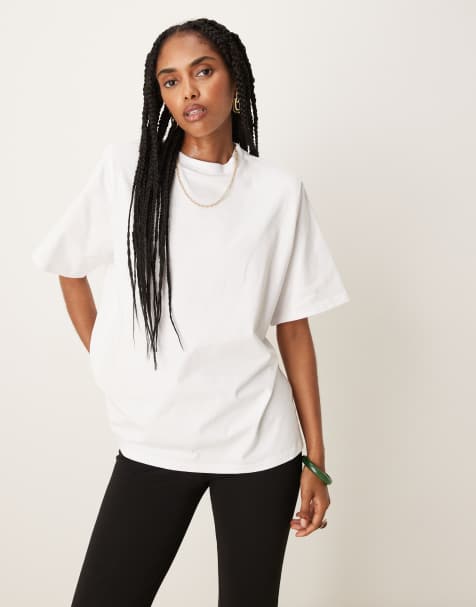 ASOS DESIGN - T-shirt van zwaar katoen met hoge hals en schoudervullingen in wit - view 1
