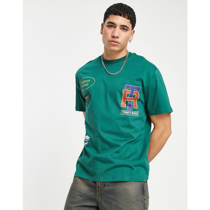Uomo Novità DESIGN - T-shirt verde comoda con stampe stile college