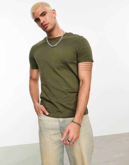 ASOS DESIGN - T-shirt verde con risvolto sulle maniche